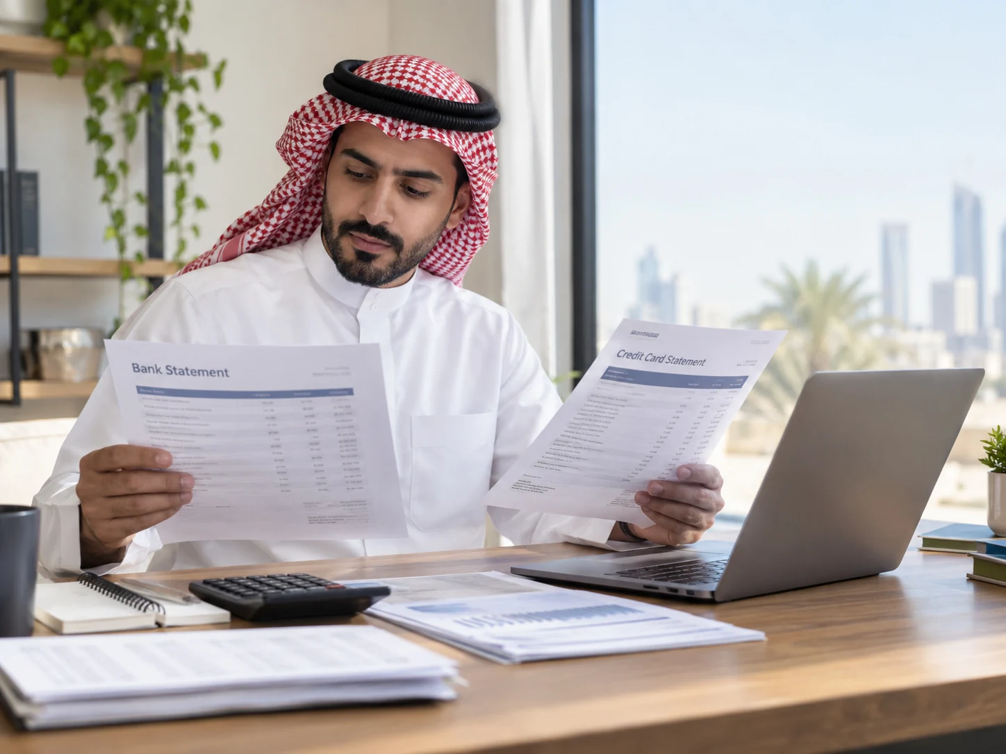 Comparing two account statements at a desk