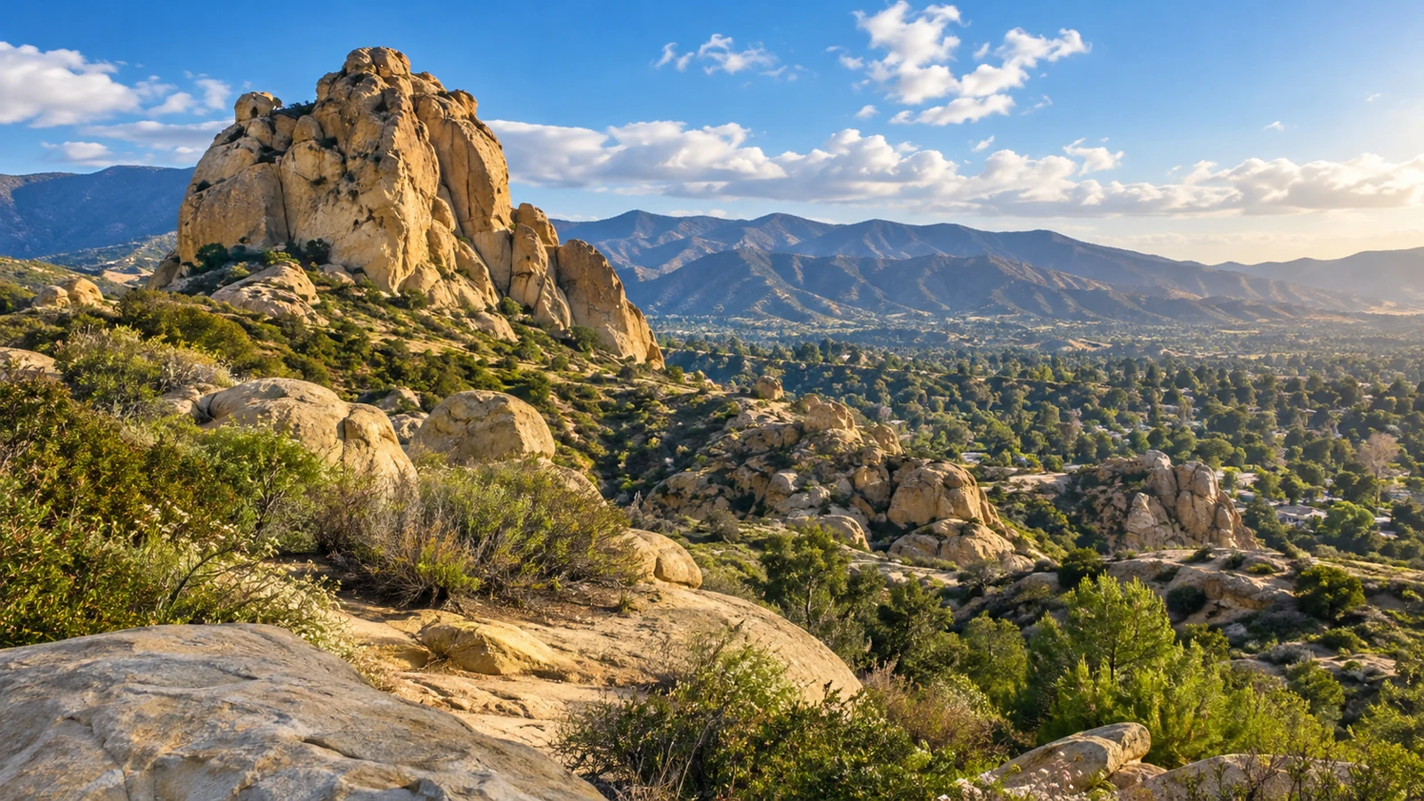Illustrative sandstone rock formations overlooking a Southern California valley