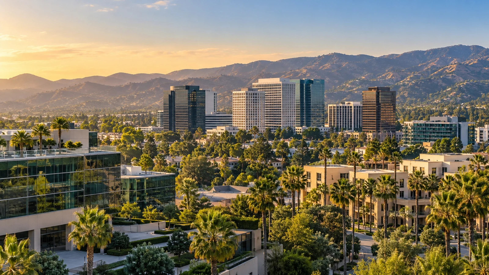 Illustrative palm lined commercial district with office buildings and mountains