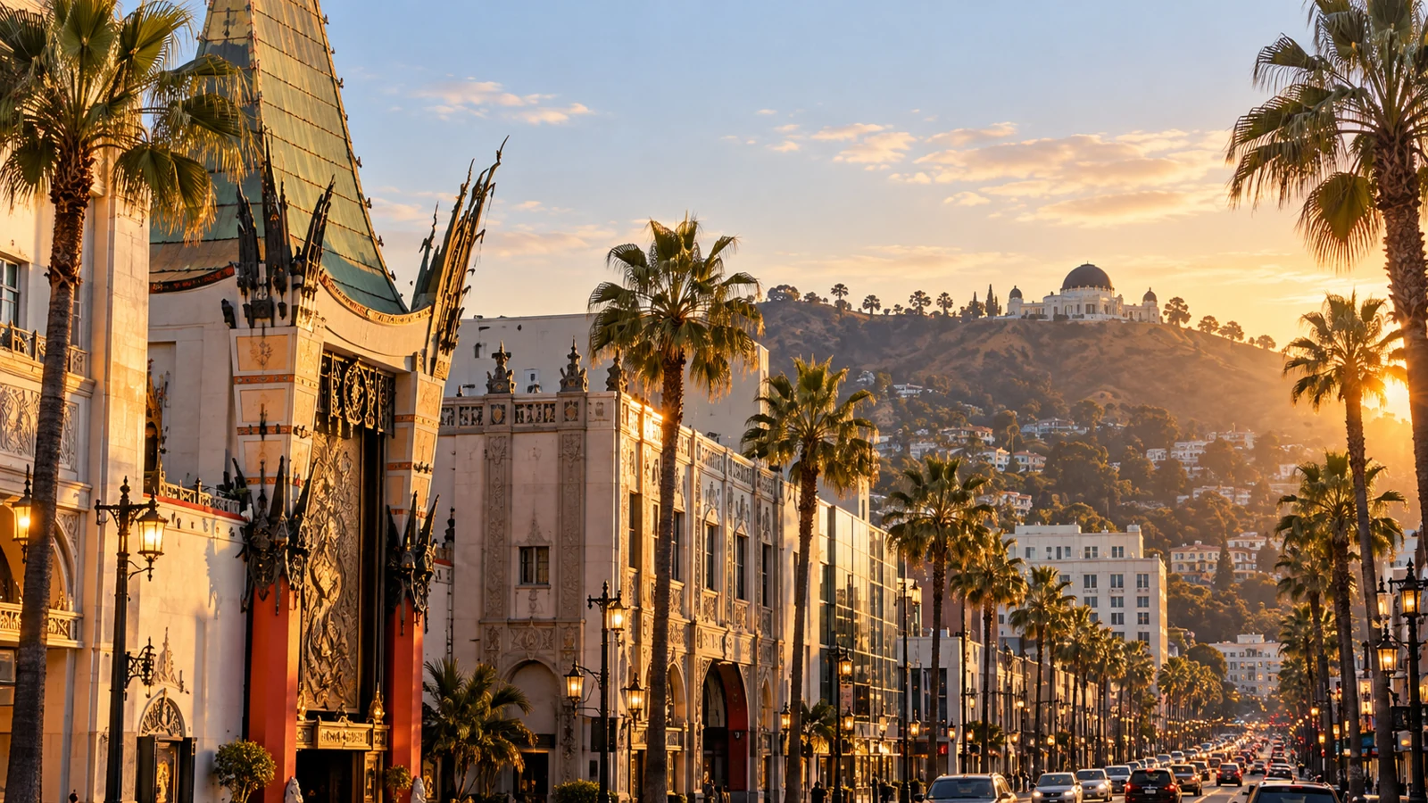 Illustrative Southern California entertainment boulevard at golden hour