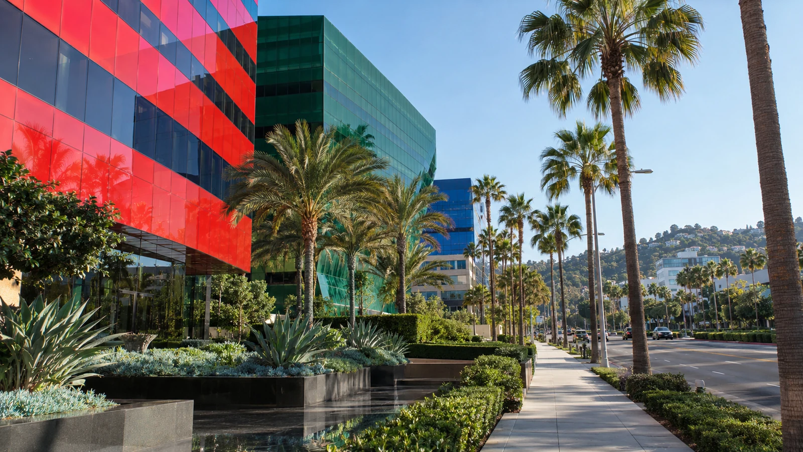 Illustrative Southern California design district with colorful architecture