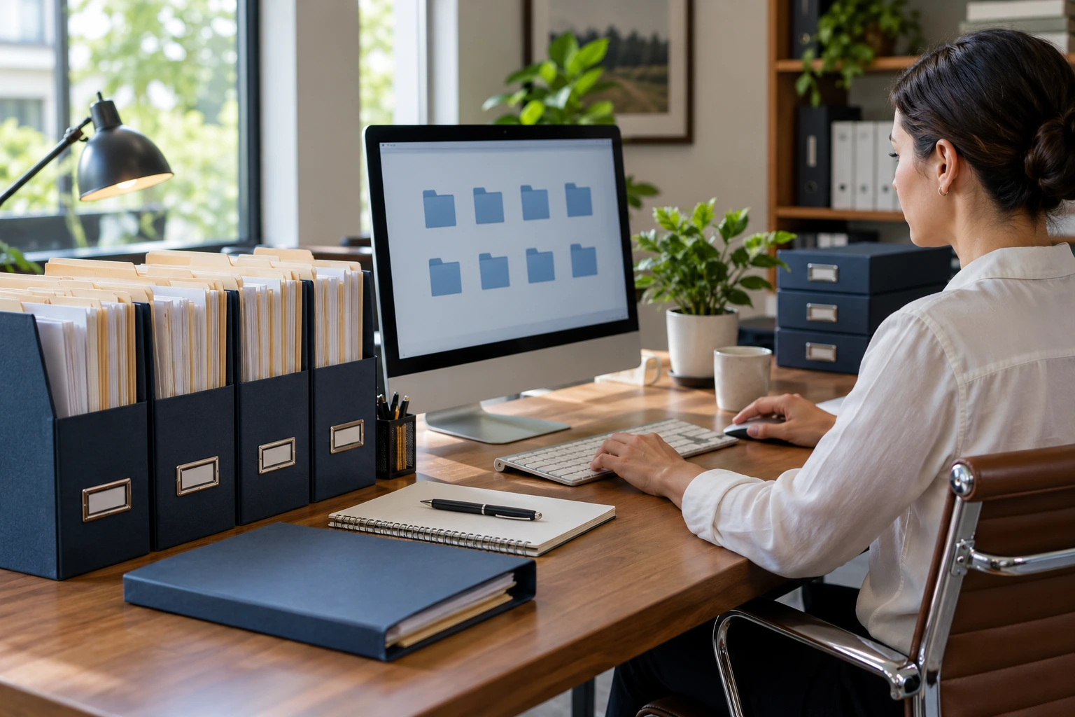 Organized payroll folders beside a computer displaying generic folder icons.