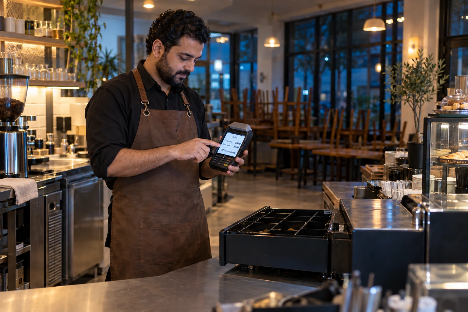 Cafe manager checking payment activity at closing