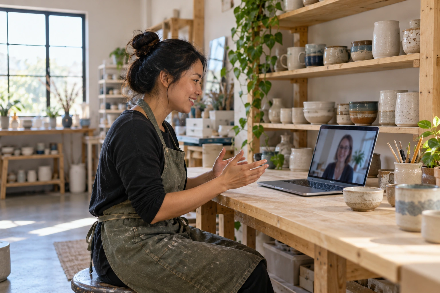 Creative studio owner working with a professional over a video call