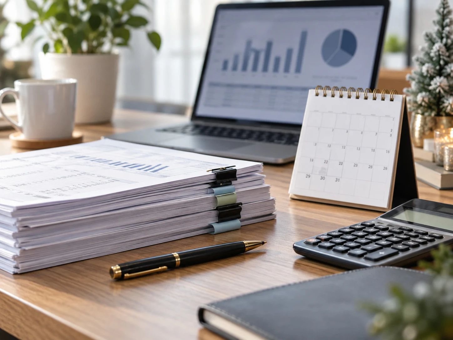 Stacks of accounting records beside a calendar and a laptop