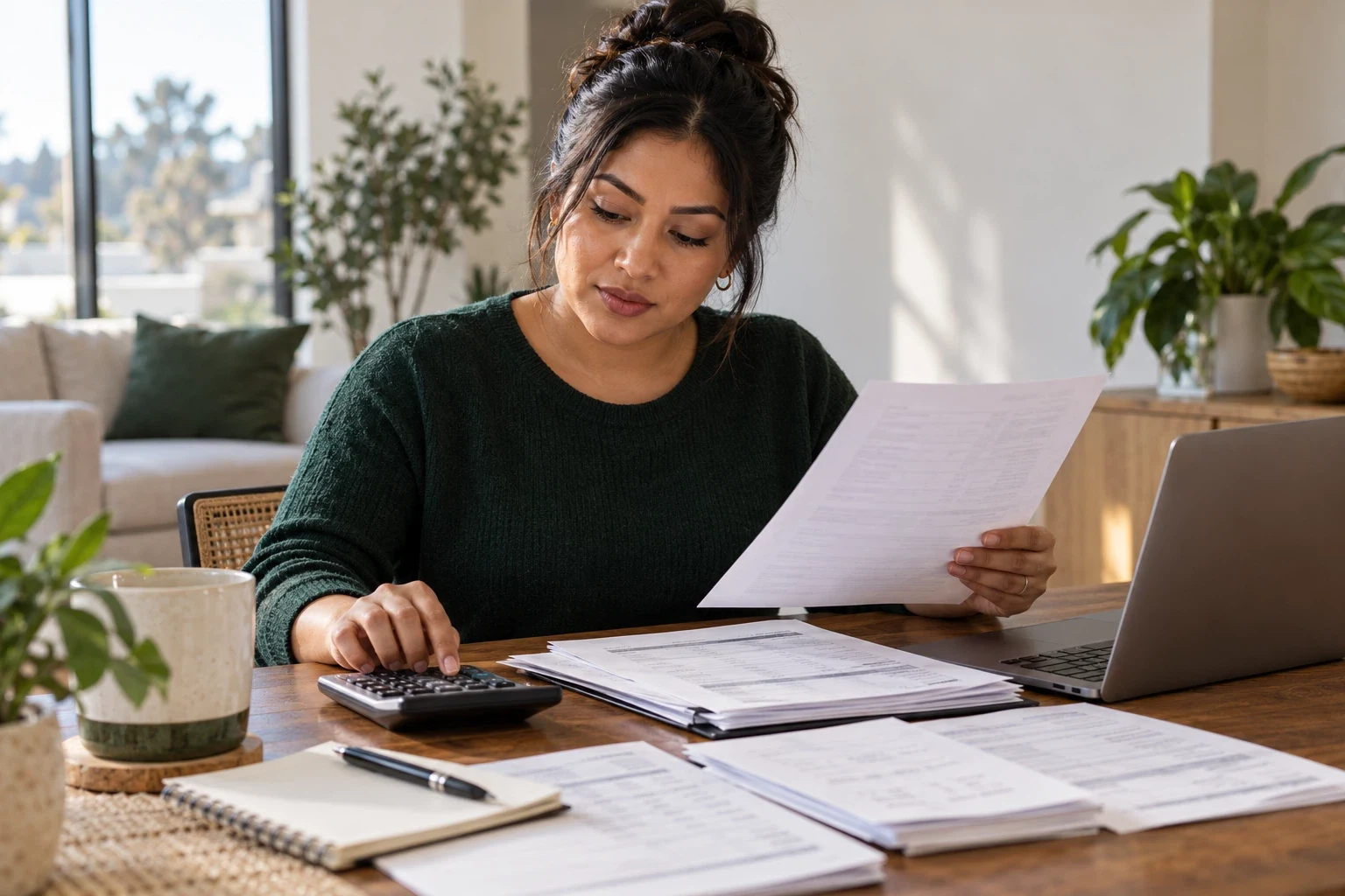 Working through financial paperwork at a home office desk