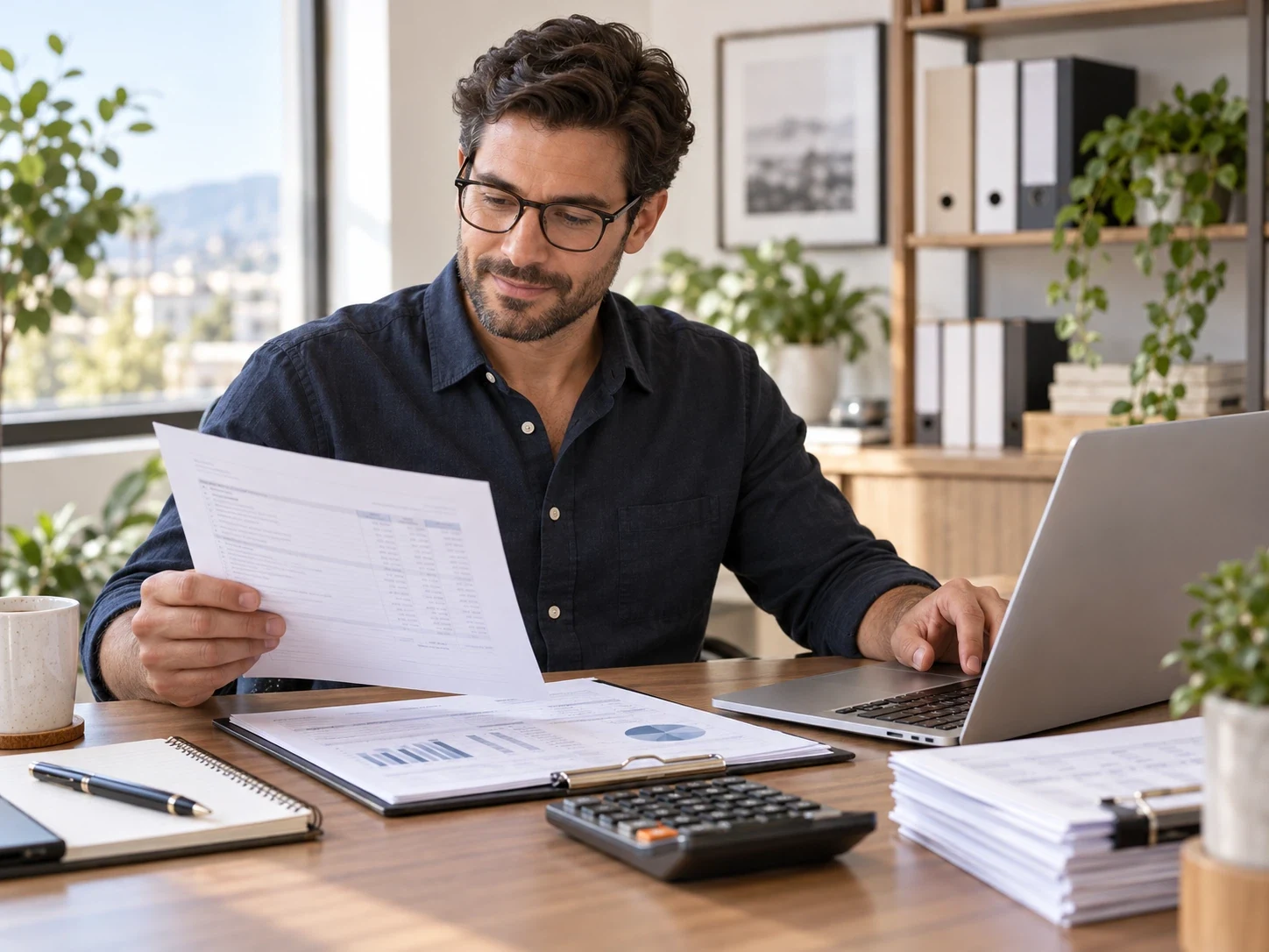 Comparing business documents beside a laptop and calculator