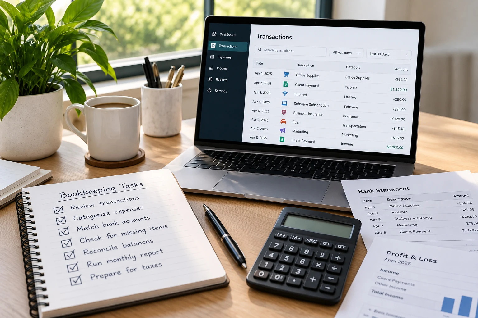 Accounting software, a calculator and a notebook on a desk