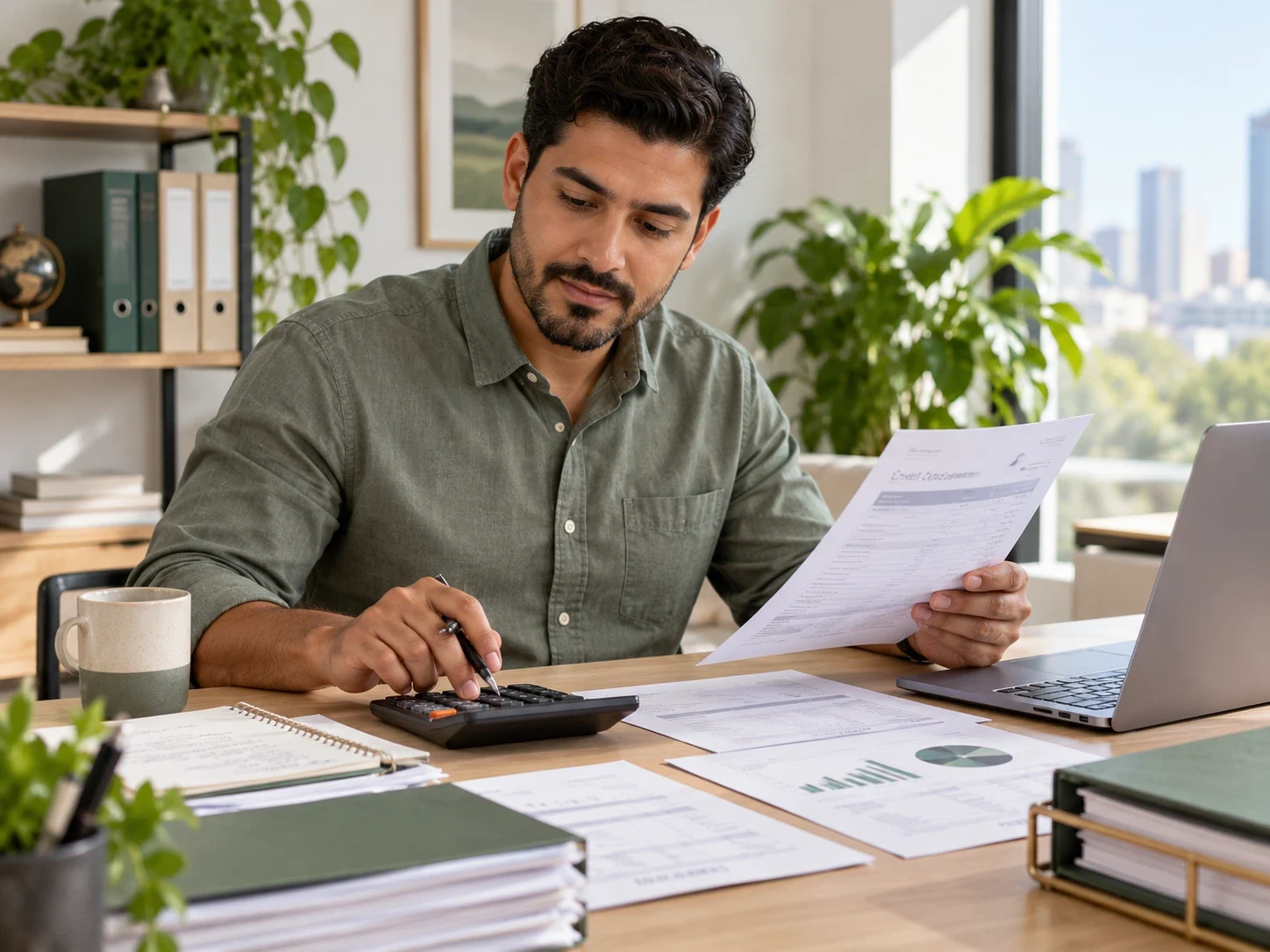Checking financial documents and calculations in an office