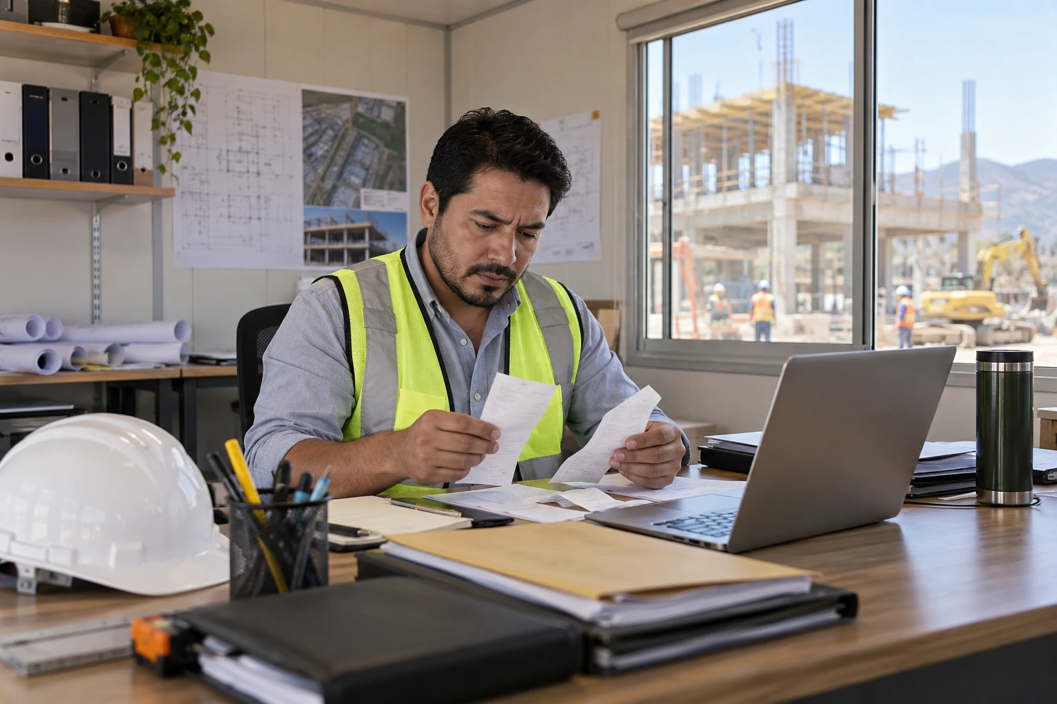 Construction business manager organizing receipts and project records at a site office.