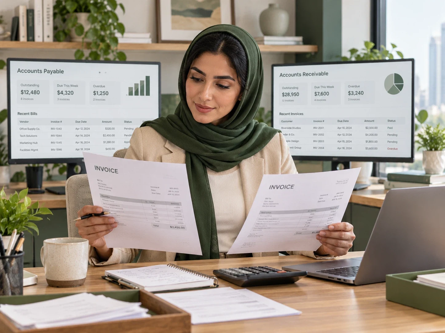 A professional comparing invoices and account records