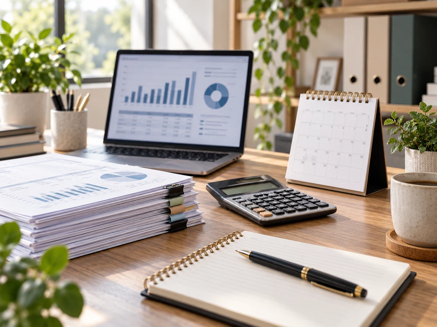 A financial workspace with charts, records and a calendar