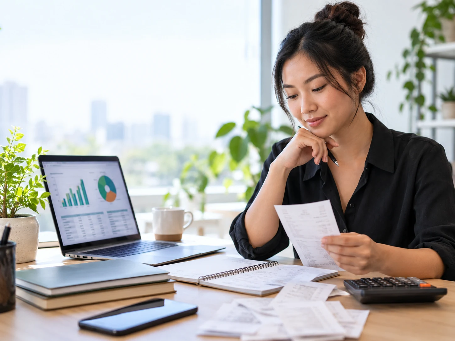 Reviewing a printed financial report and calculations
