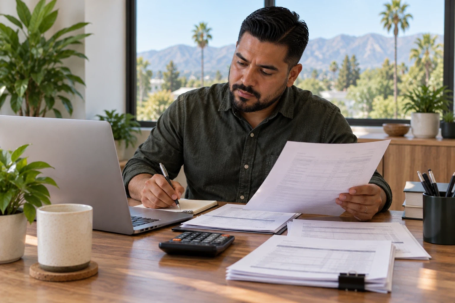 Checking a financial document and calculations at a desk