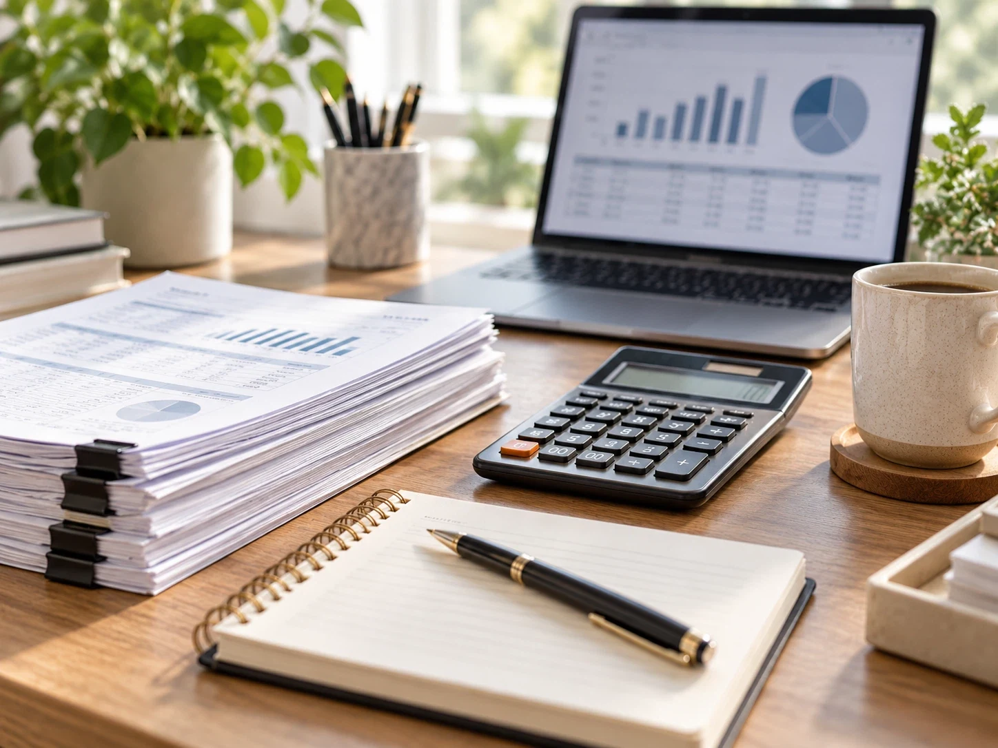 A business desk with accounting records, a calculator and a laptop