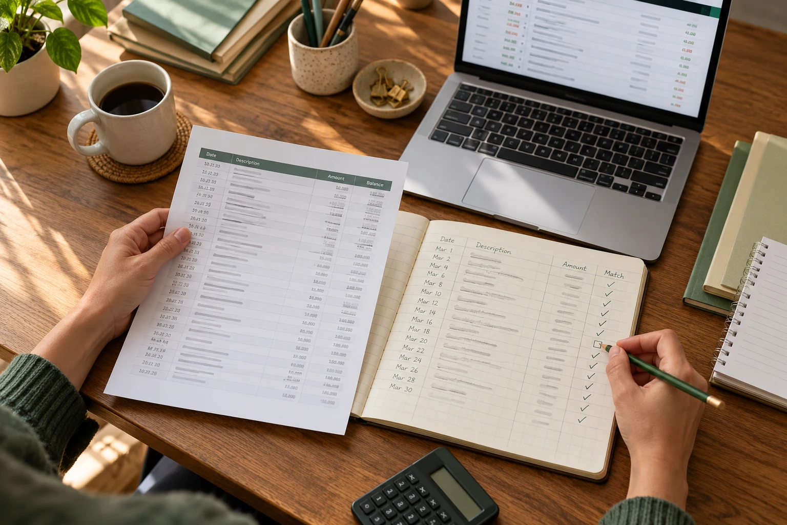 Checking a monthly bank statement against a transaction ledger and accounting software