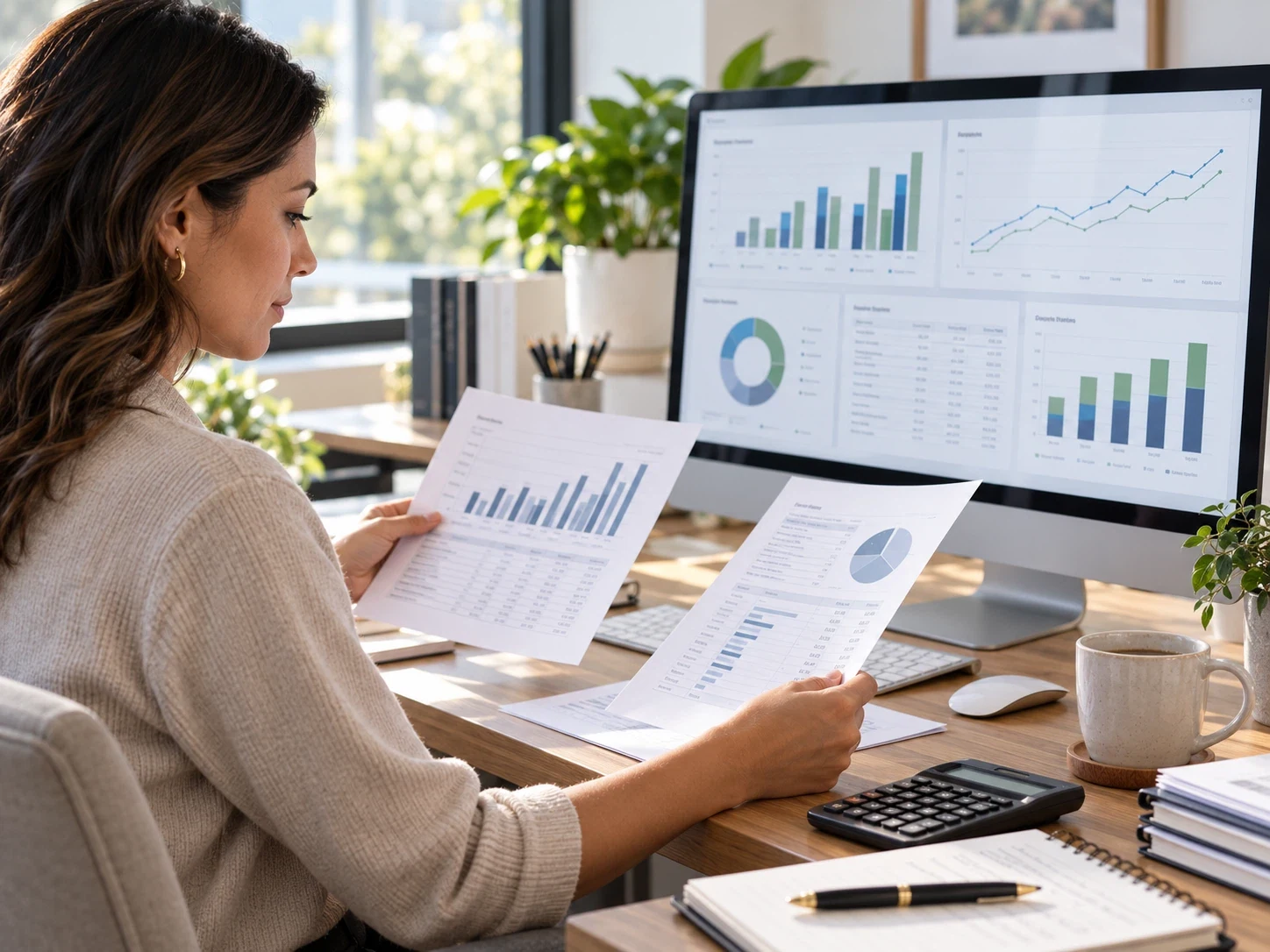 Studying financial charts and a printed business report