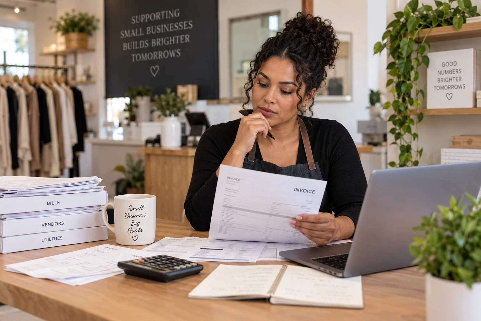 Reviewing an invoice and accounting records at a desk