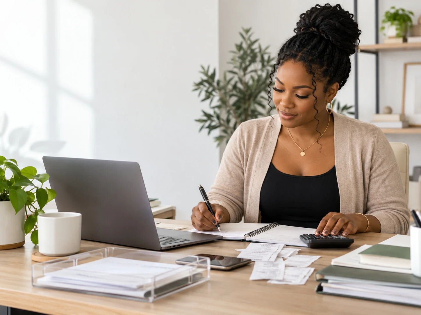 Working through financial records in a home office