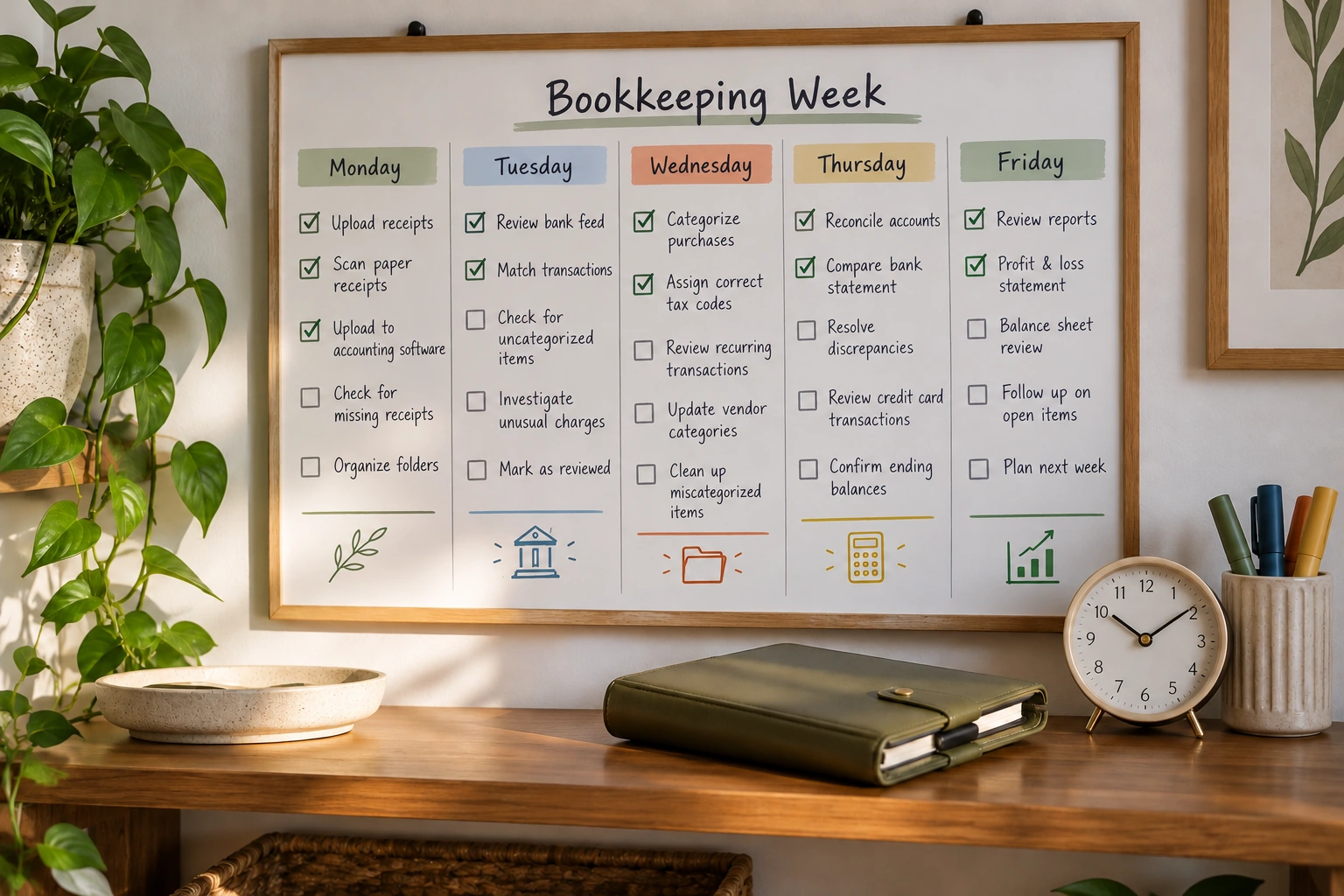 A reusable planner arranged around a regular bookkeeping routine
