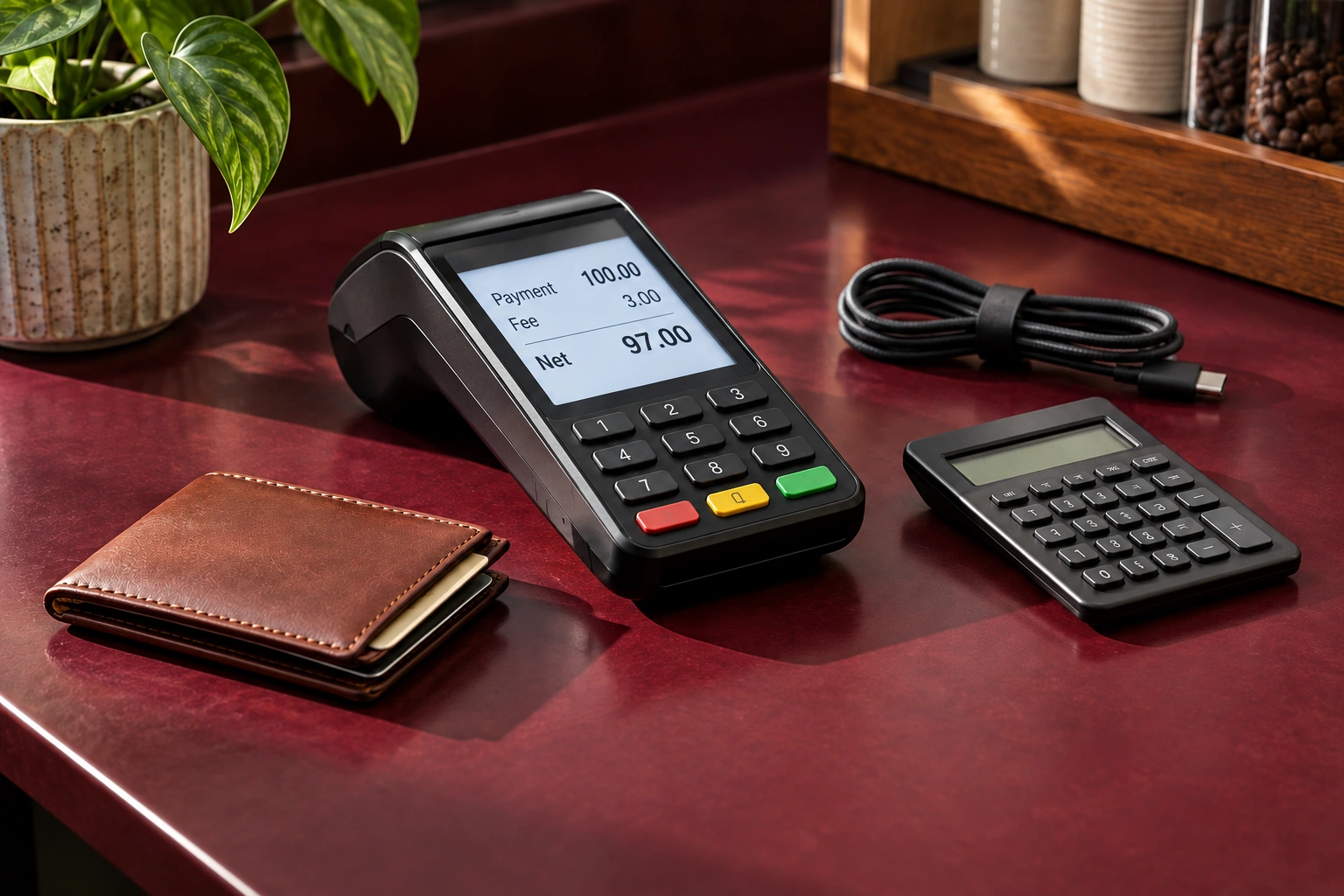 Payment equipment representing transaction and account fees
