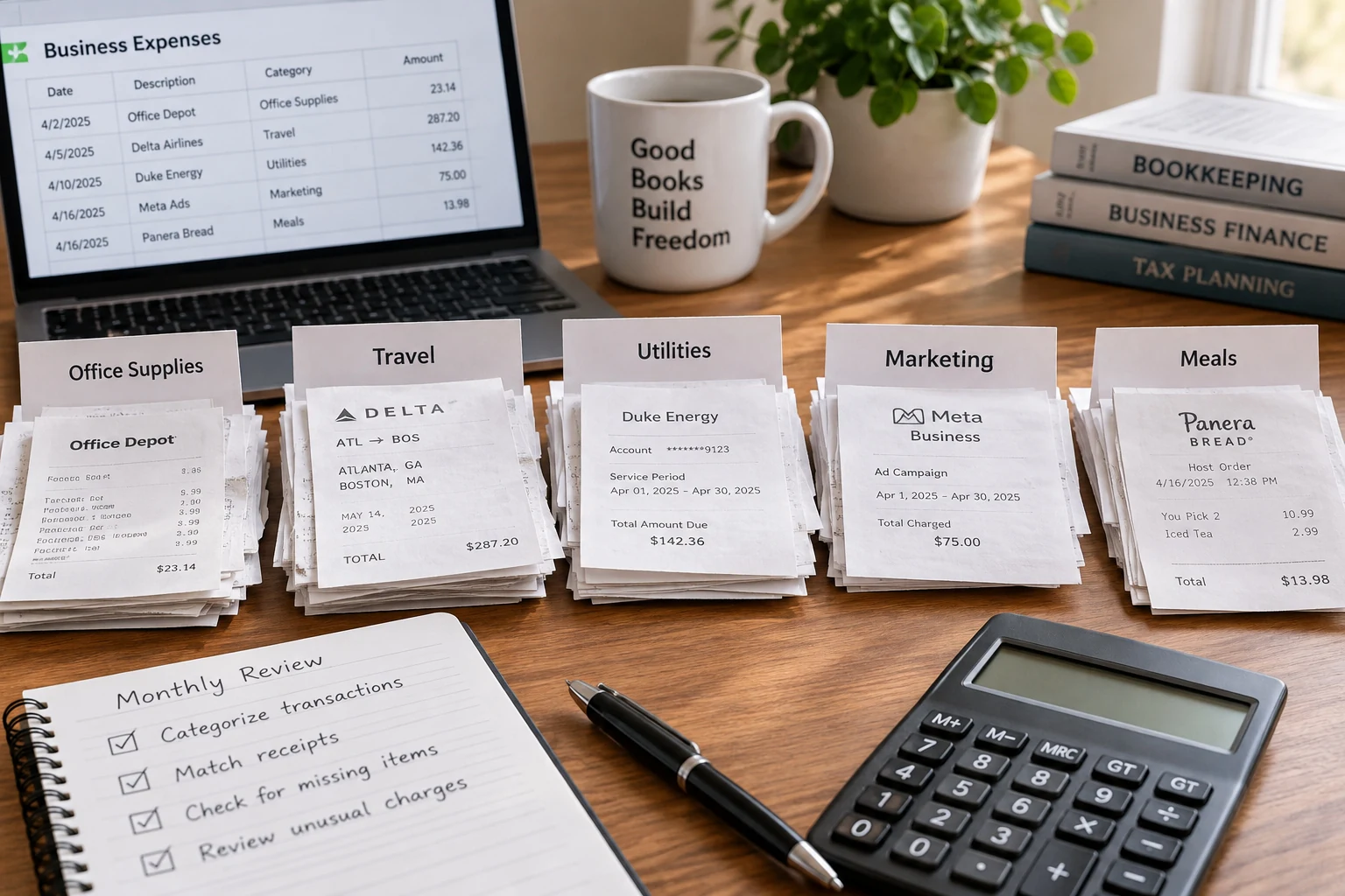 Business receipts arranged beside accounting software and a calculator