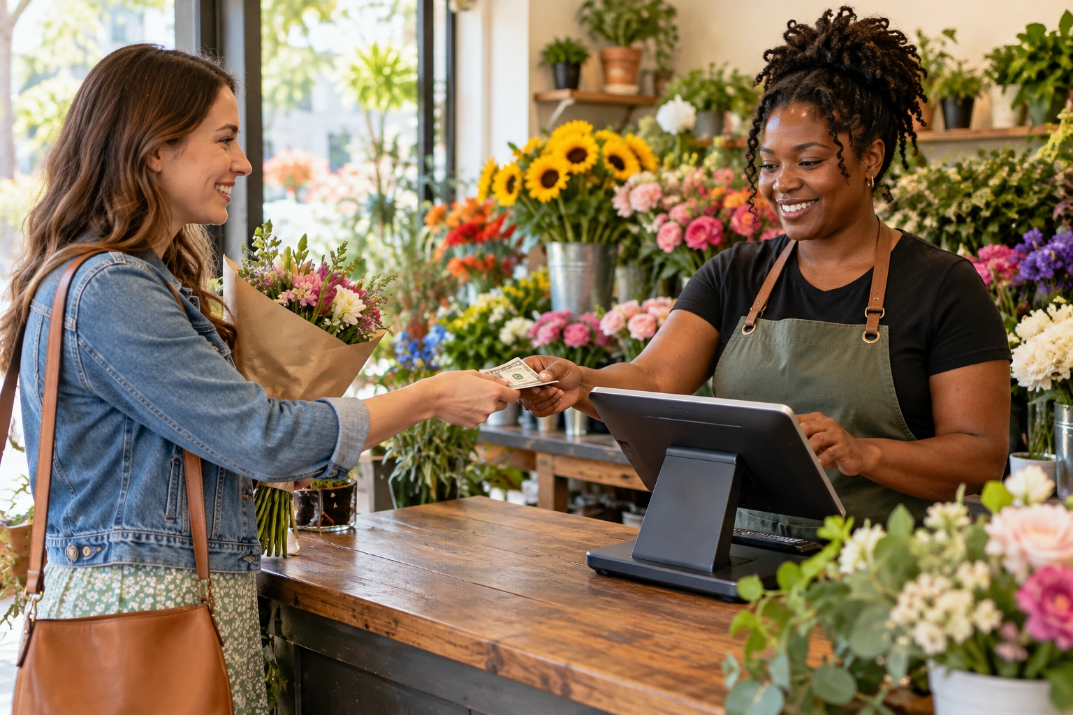 Florist recording a cash sale at the checkout