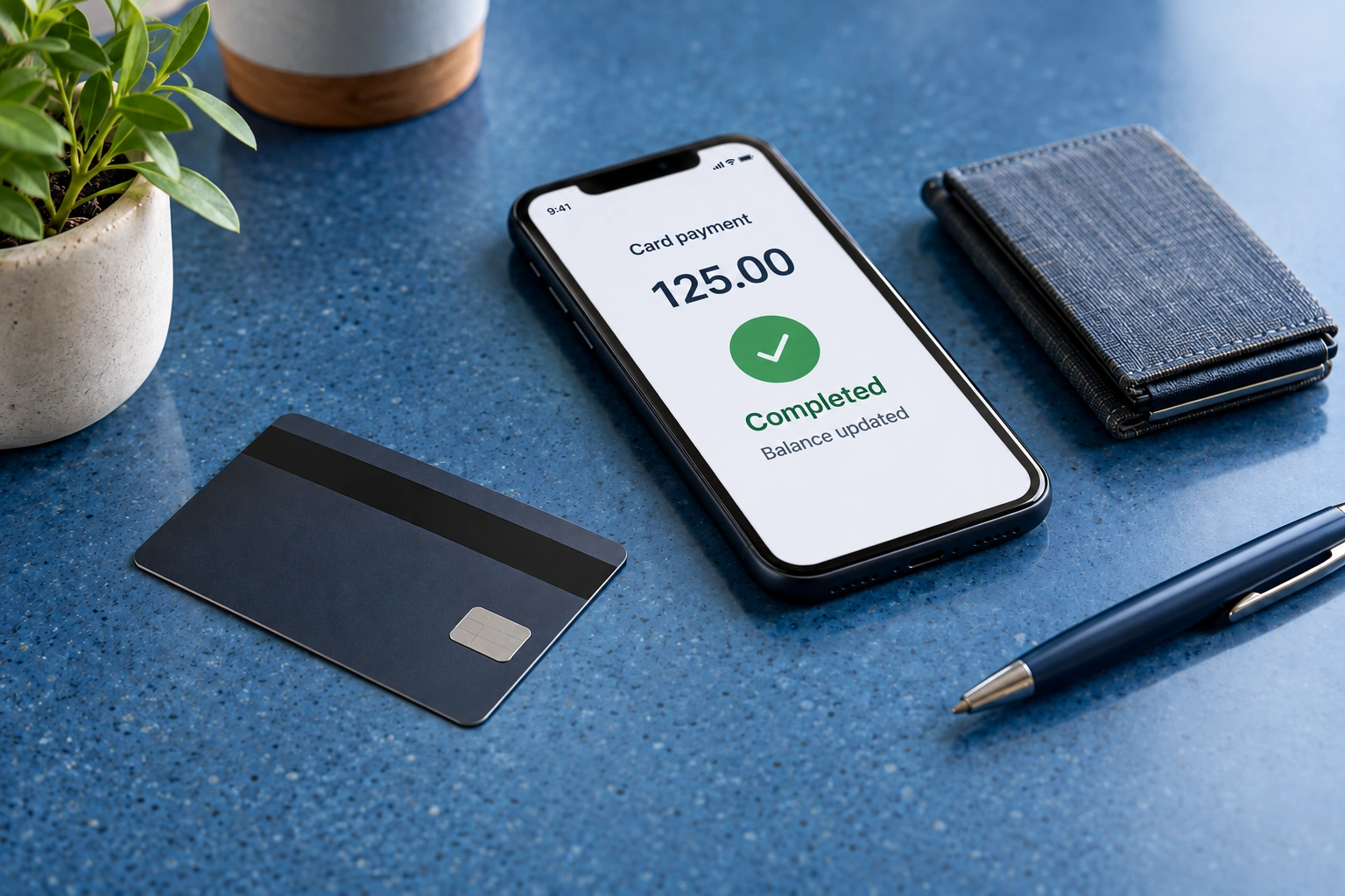 A card and payment confirmation representing a credit card balance payment