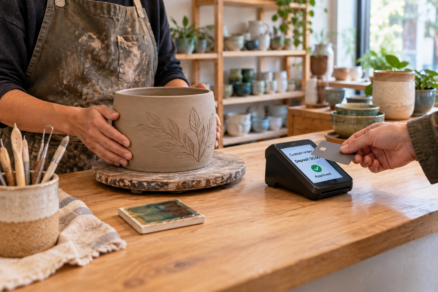 Customer making a payment toward a custom pottery order