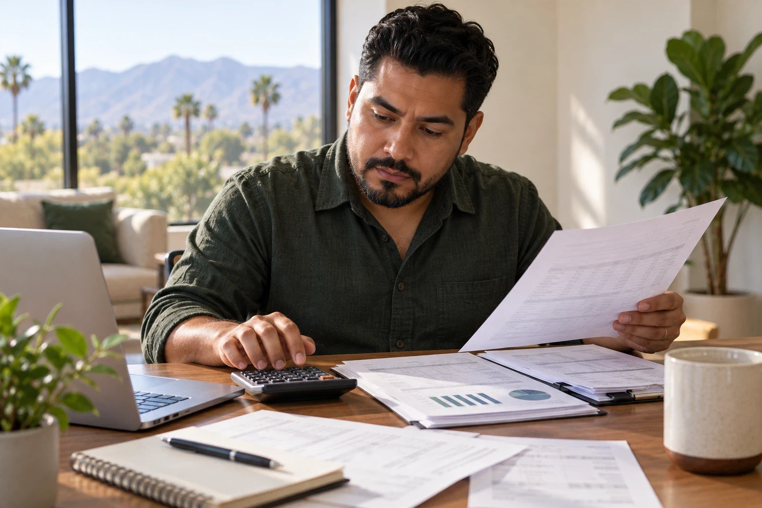Comparing a business document with figures on a calculator