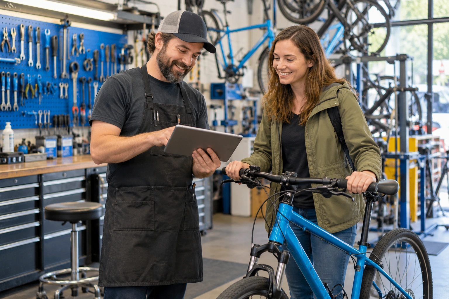 Bicycle shop recording a customer payment for repair work