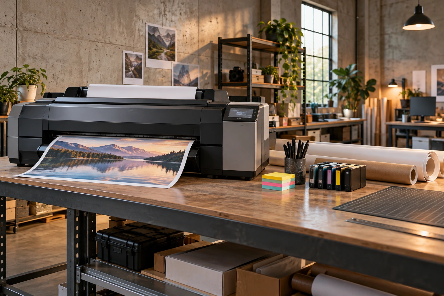 A professional printer beside everyday office supplies