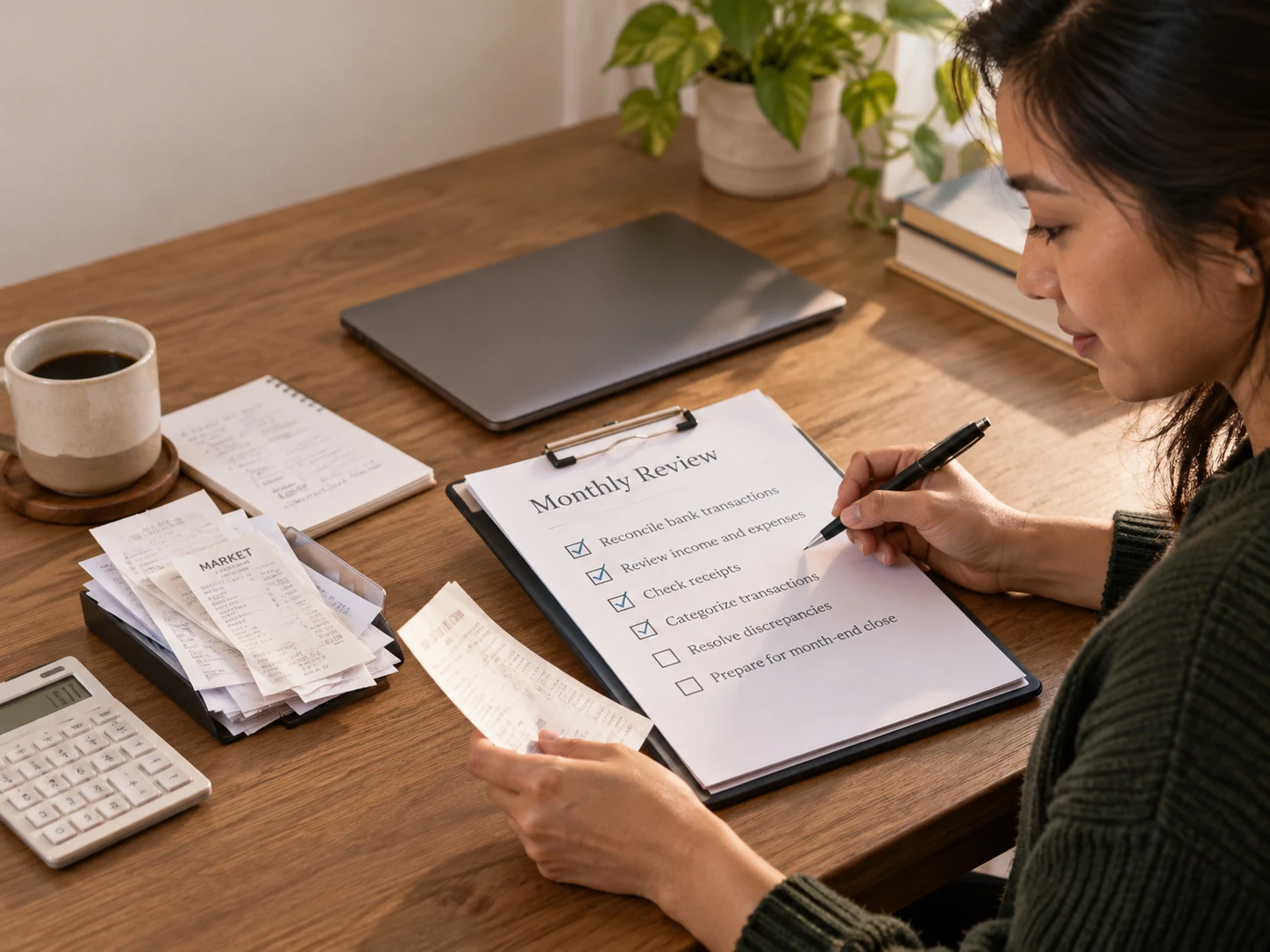 Reviewing a monthly financial statement at a wooden desk