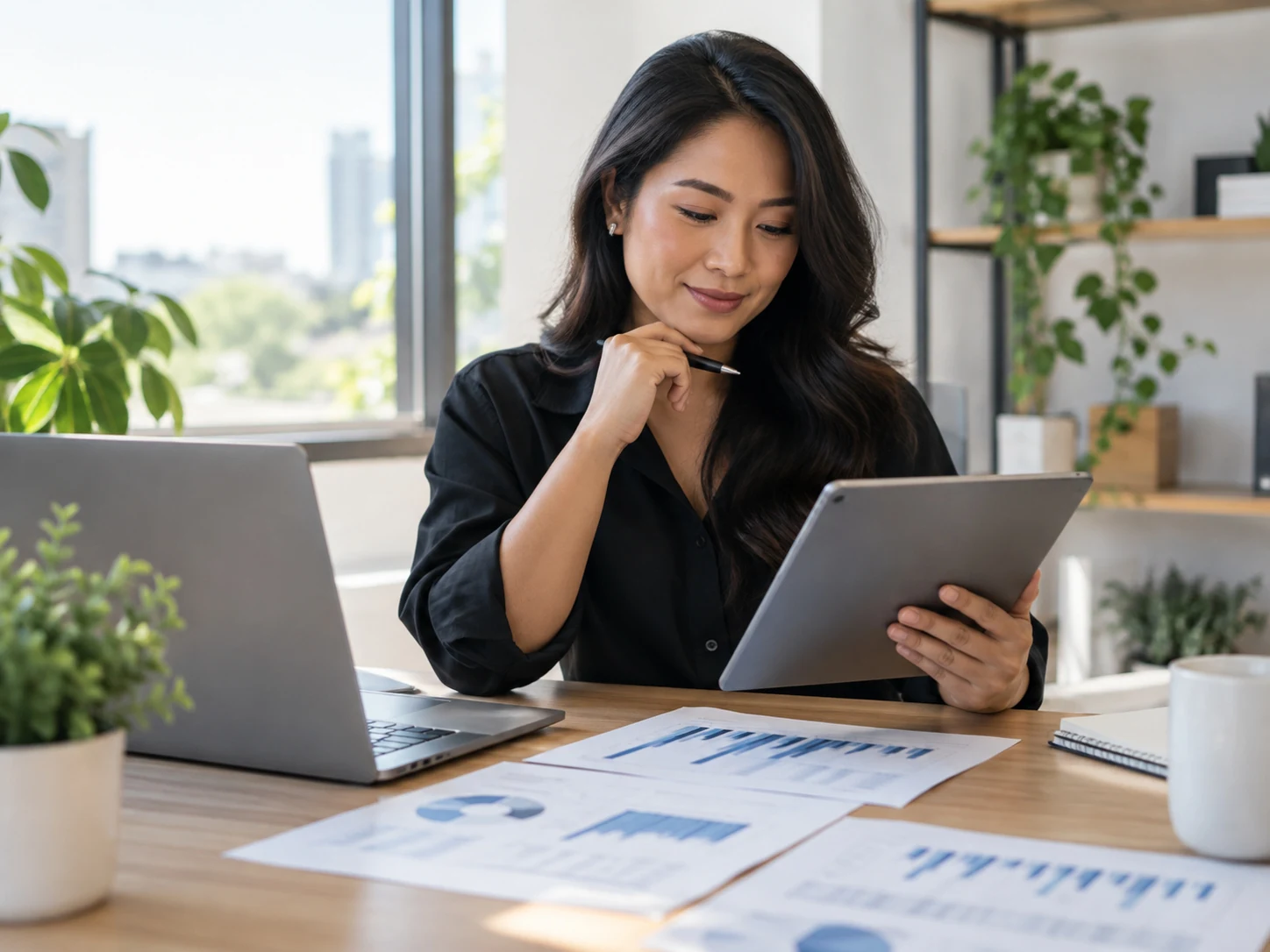 Reviewing financial information on a tablet