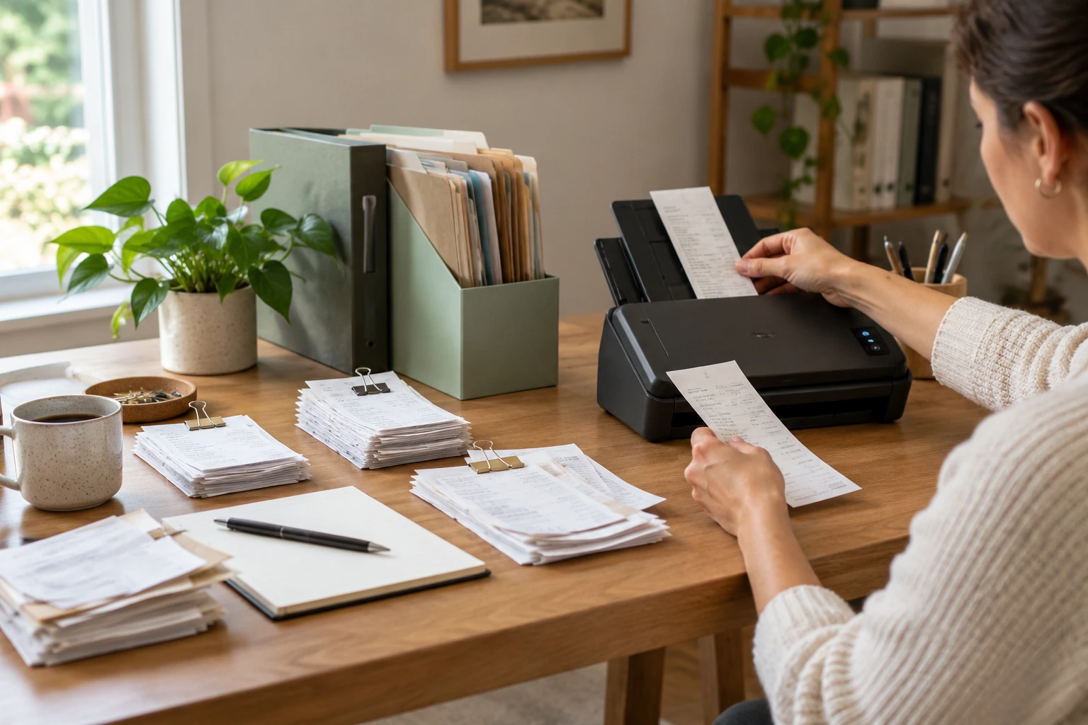 Receipts and document folders organized beside a desktop scanner.