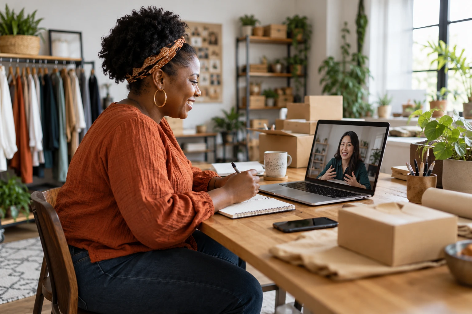 Business owner meeting a remote bookkeeper from an organized shop workspace.
