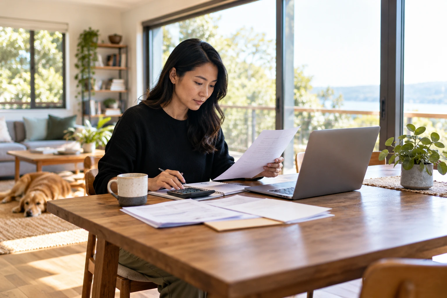 Bookkeeper reviewing source documents beside a laptop.