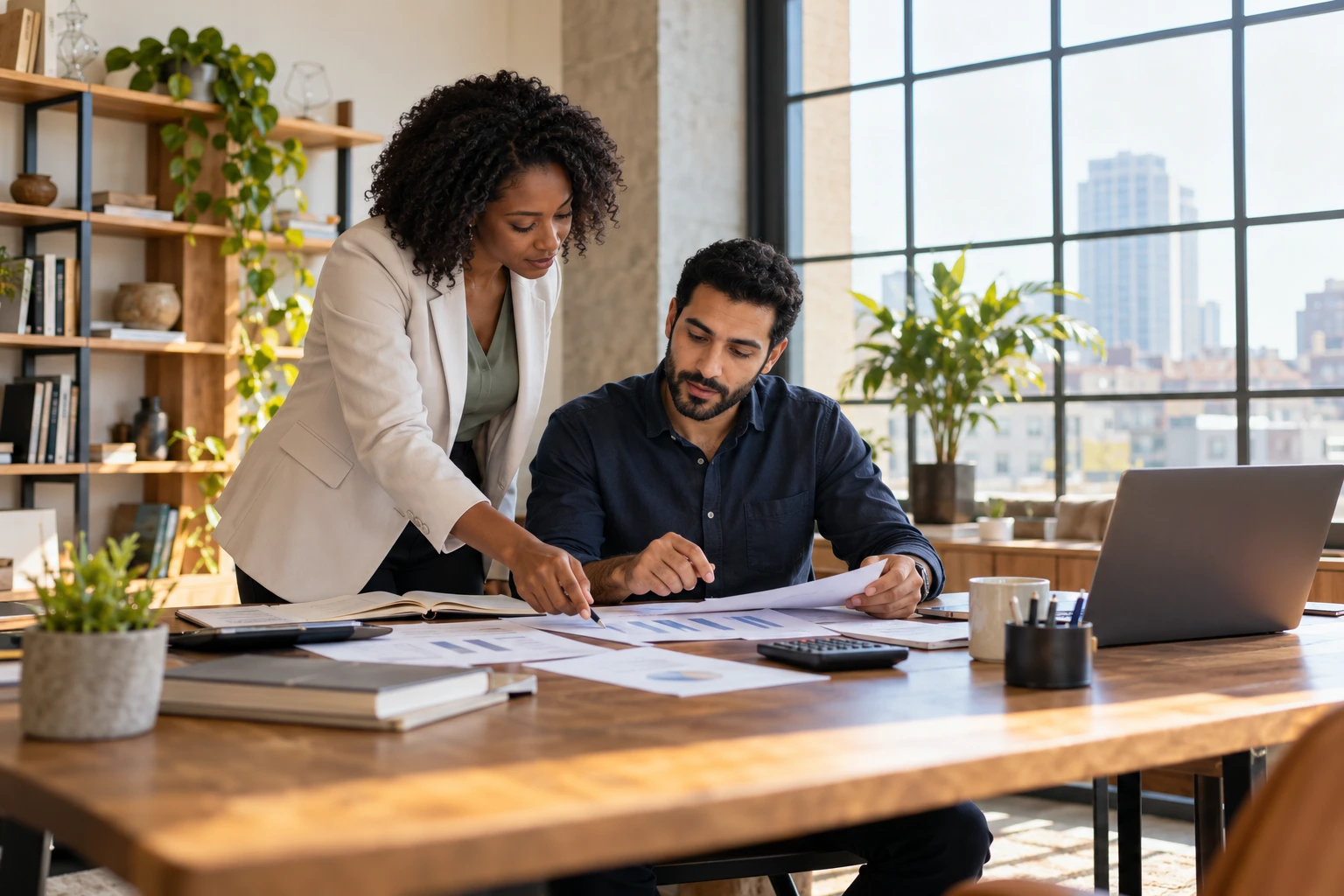 Two financial professionals reviewing reports and a ledger.