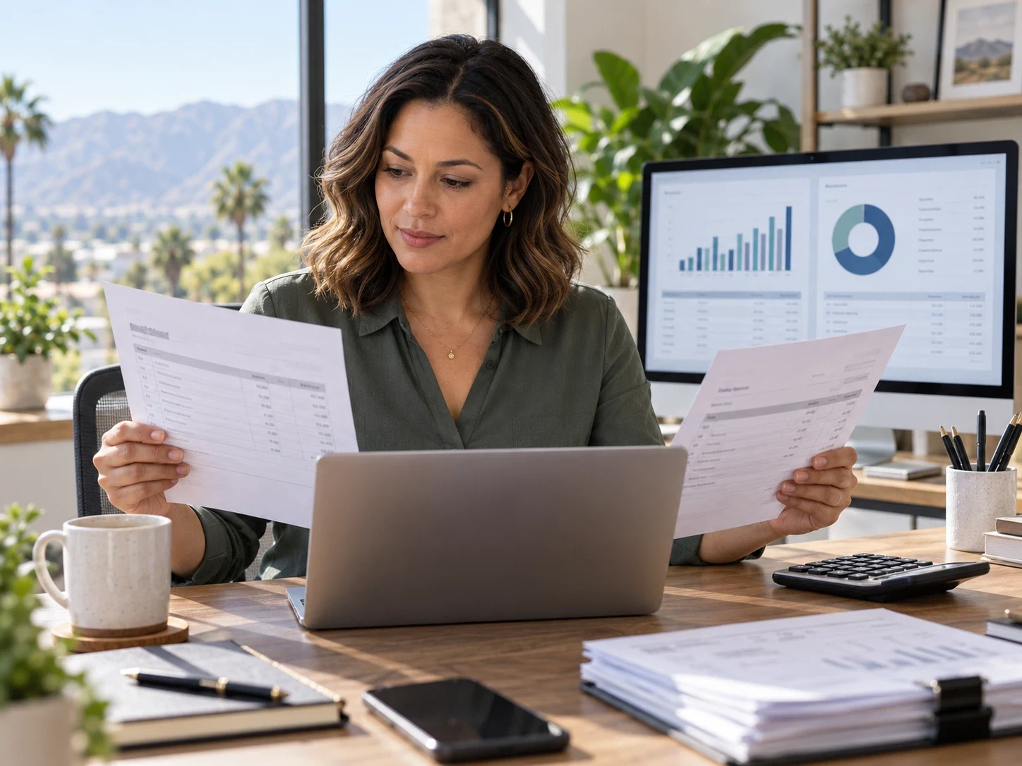 Reviewing two invoices at an accounting desk