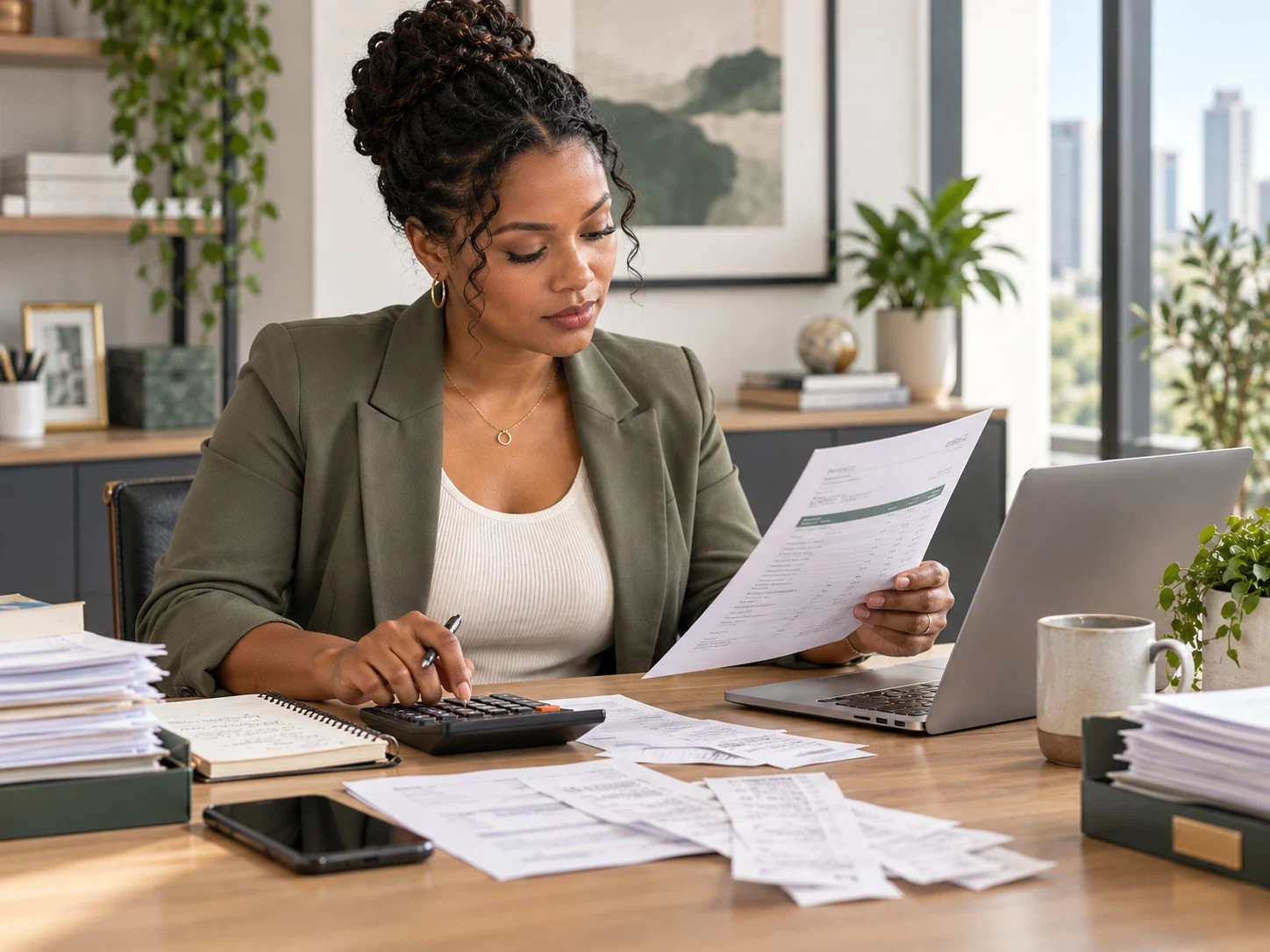 Reviewing financial records at an organized accounting desk
