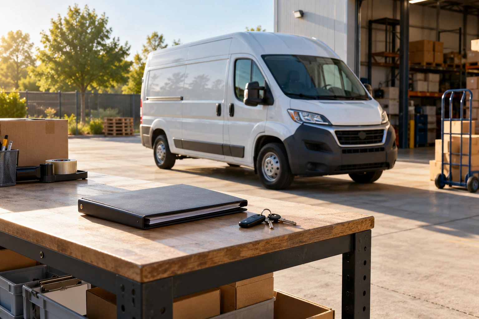 Business vehicle and finance records at a delivery depot