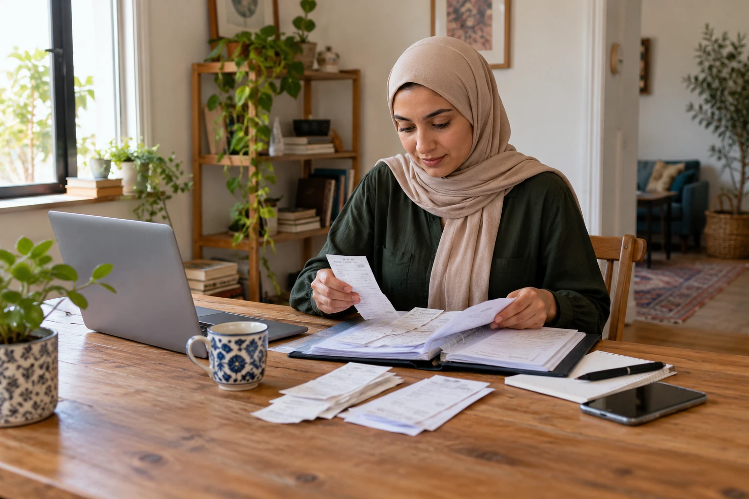 Founder organizing business paperwork at a home workspace.