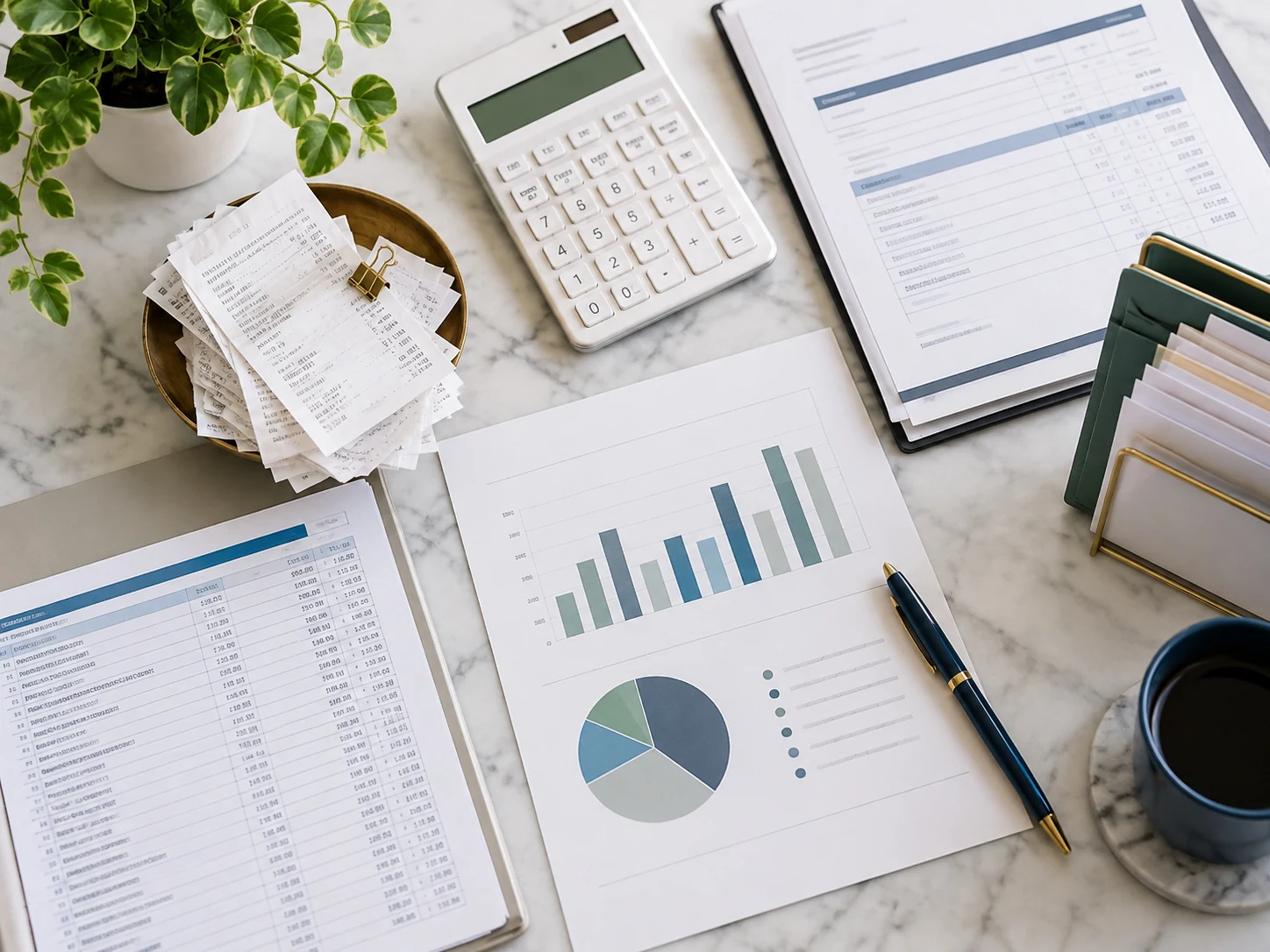Business reports and receipts organized on a desk