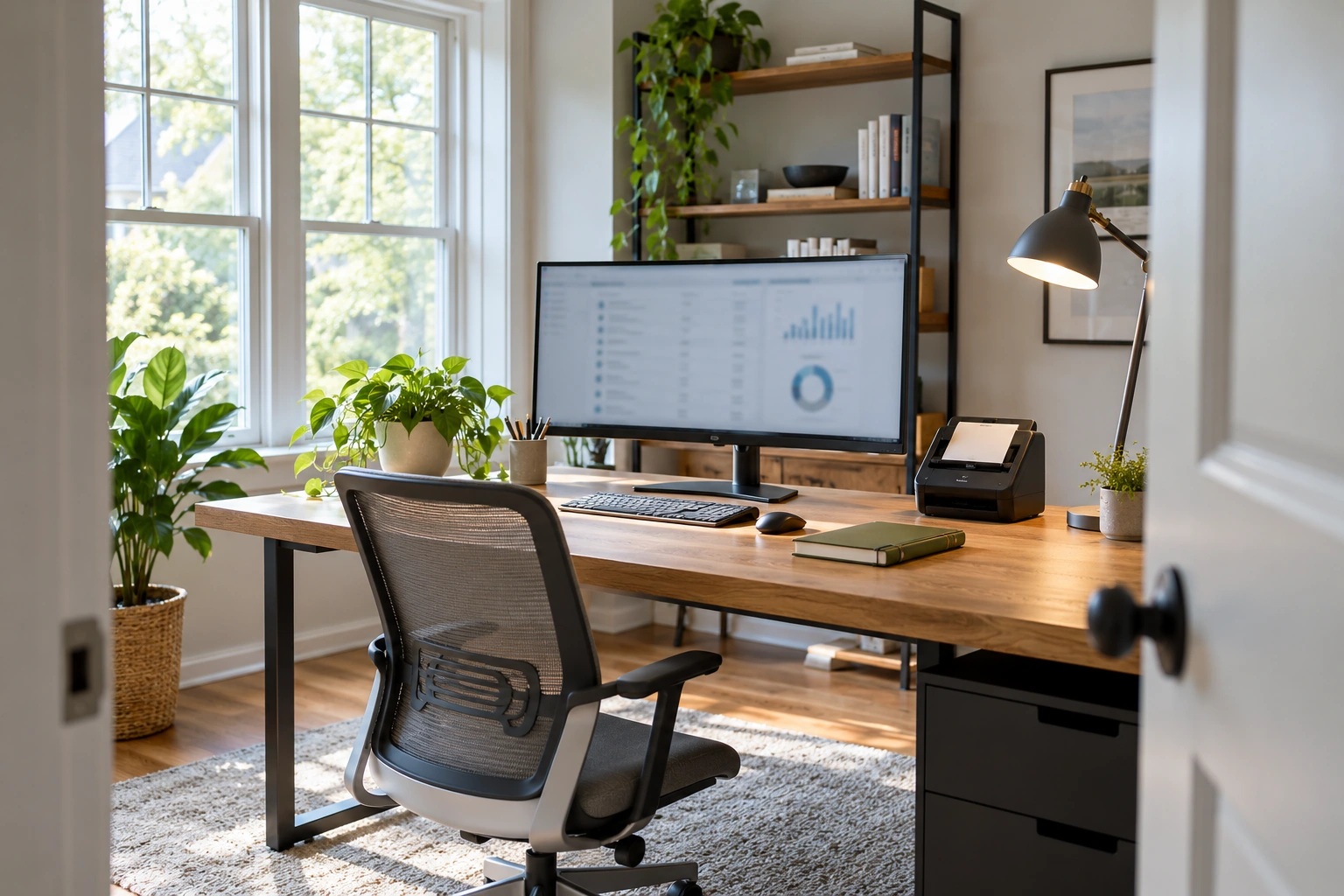 A bookkeeping workspace with accounting software and a receipt scanner