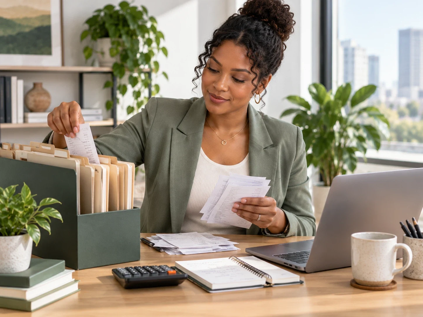 Filing reviewed business records beside a laptop