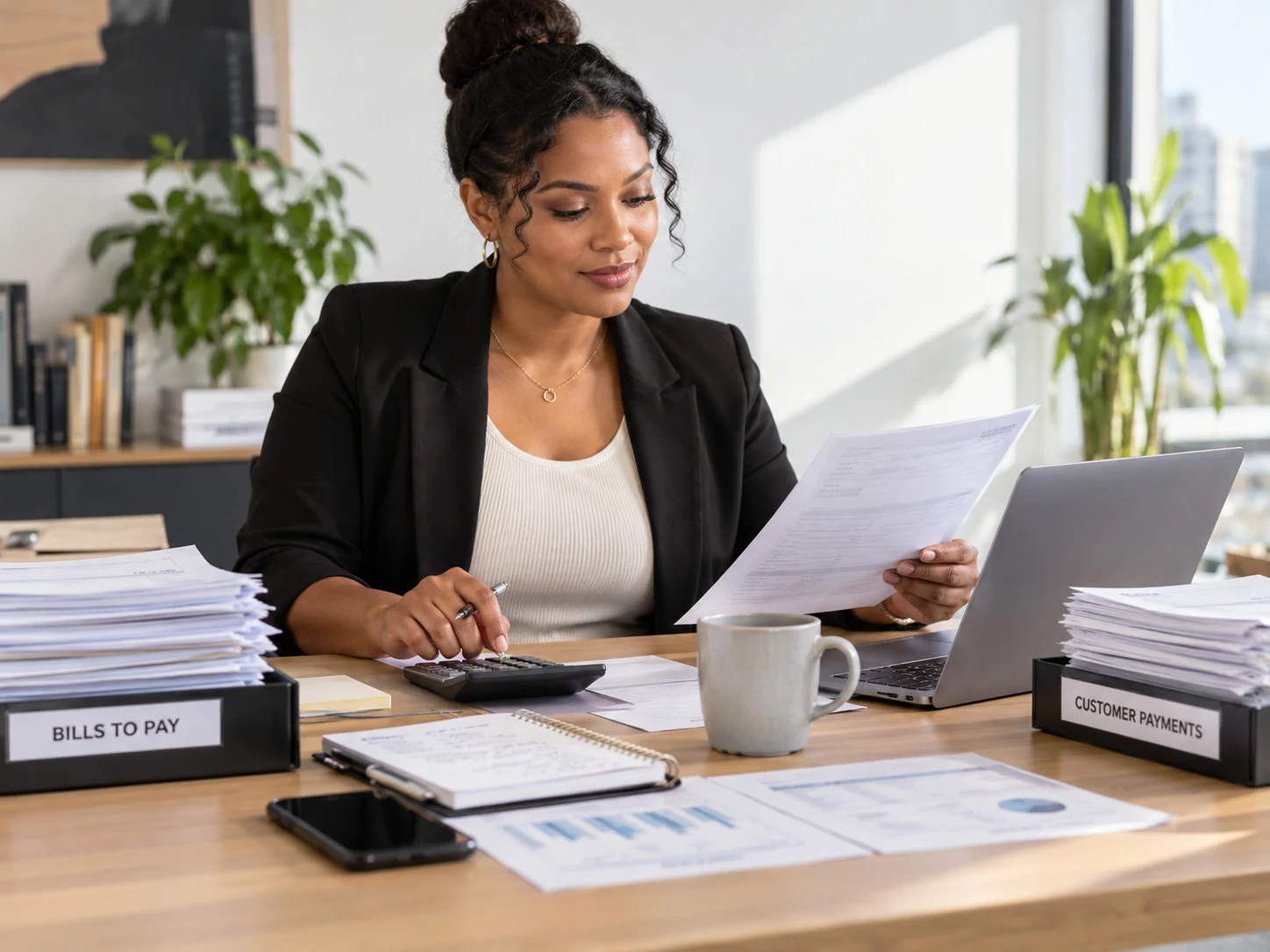 Reviewing monthly records beside an accounting laptop