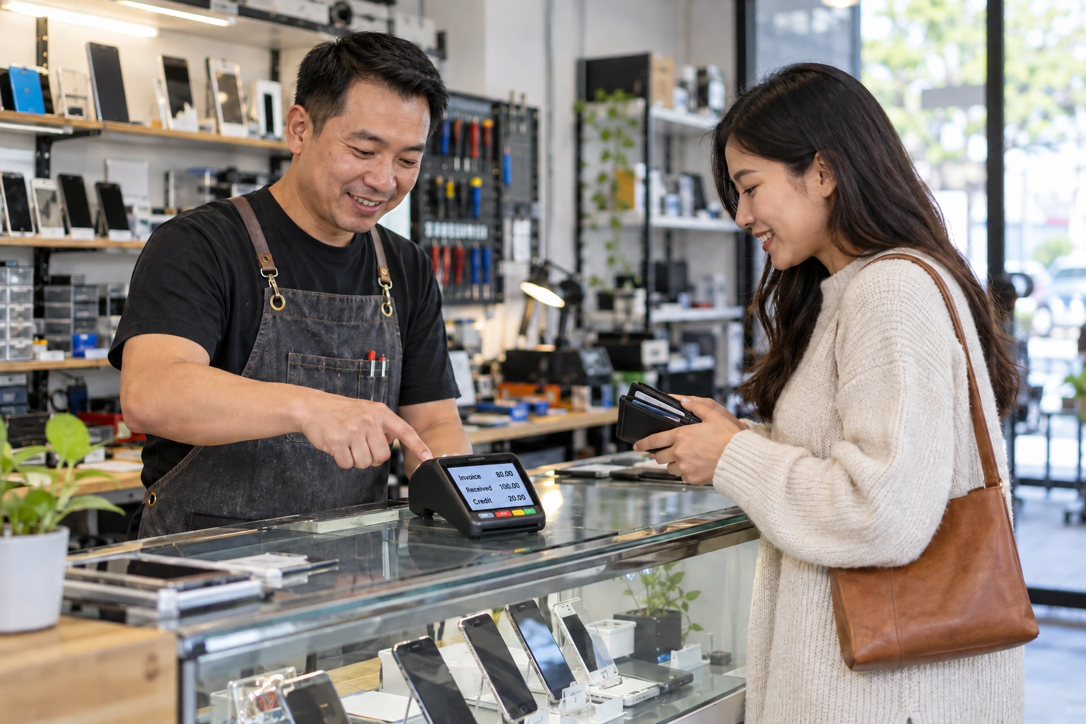 Repair shop owner clarifying a customer payment at the counter