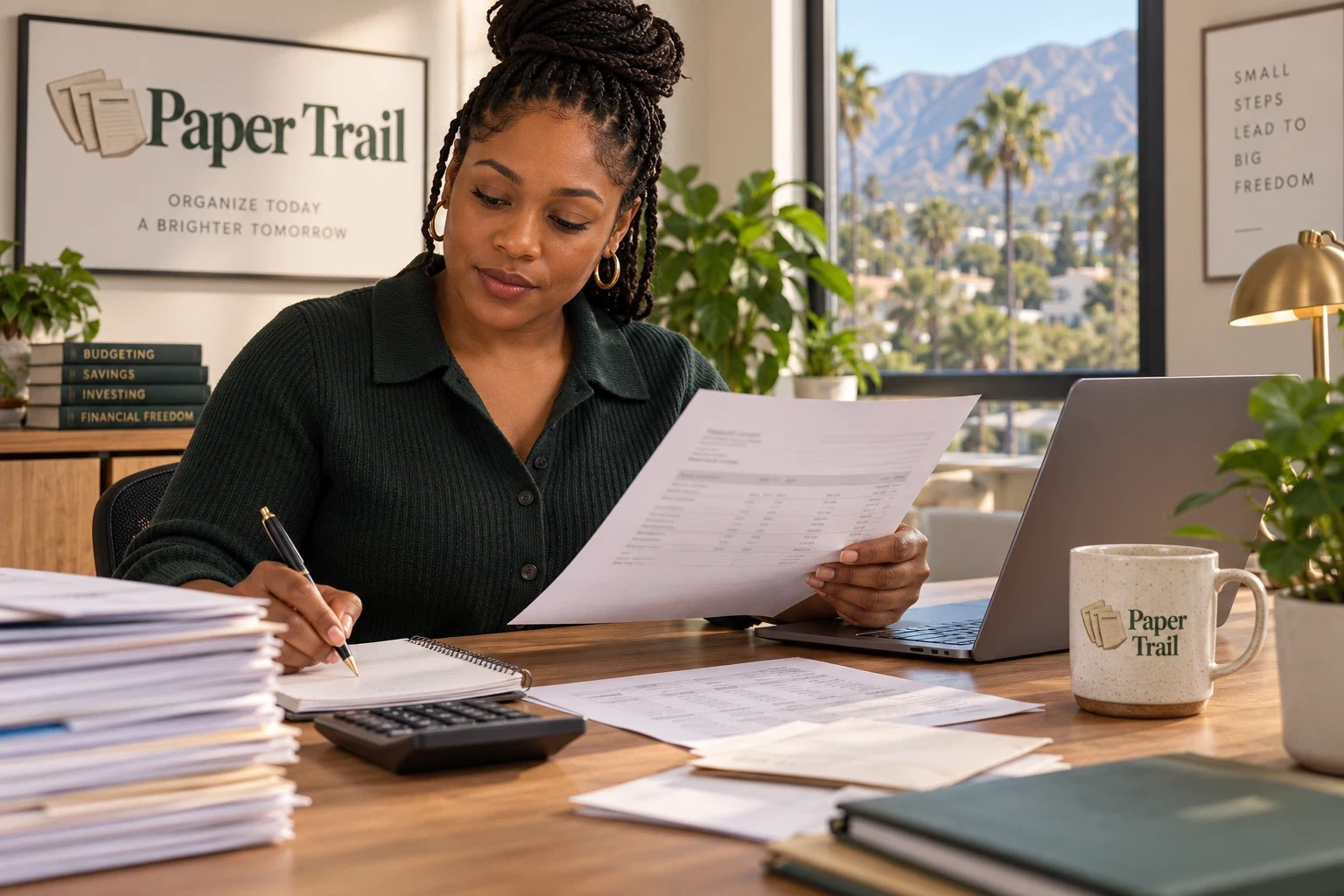 Checking financial documents and reports at an office desk