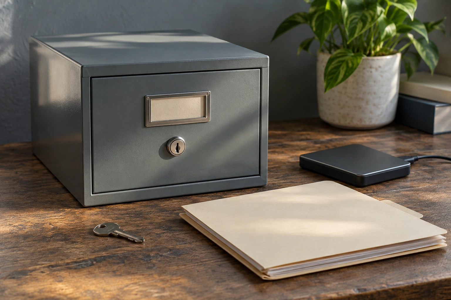 Archived account records and a backup drive kept securely together