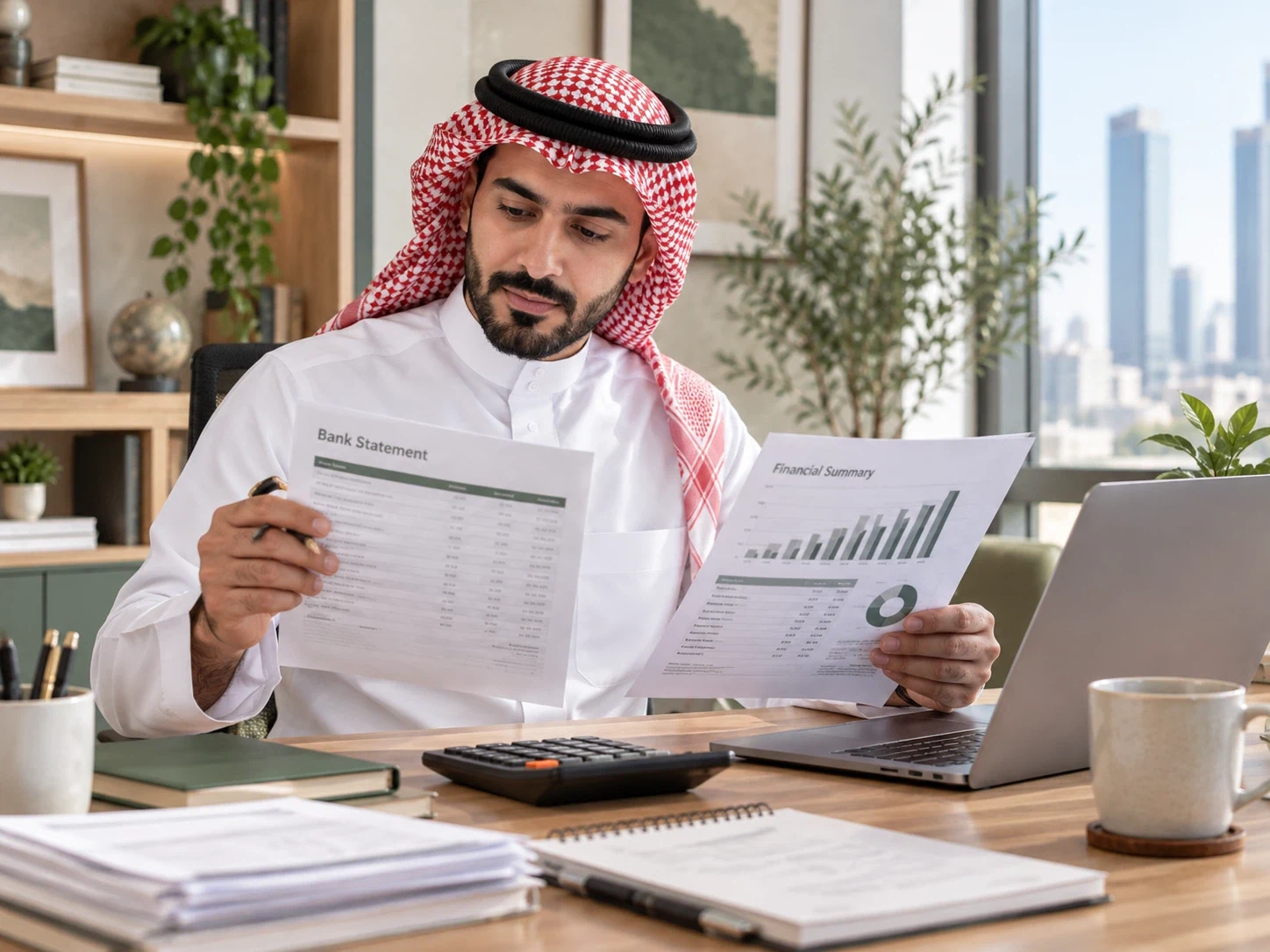 Reviewing a printed financial report and business calculations